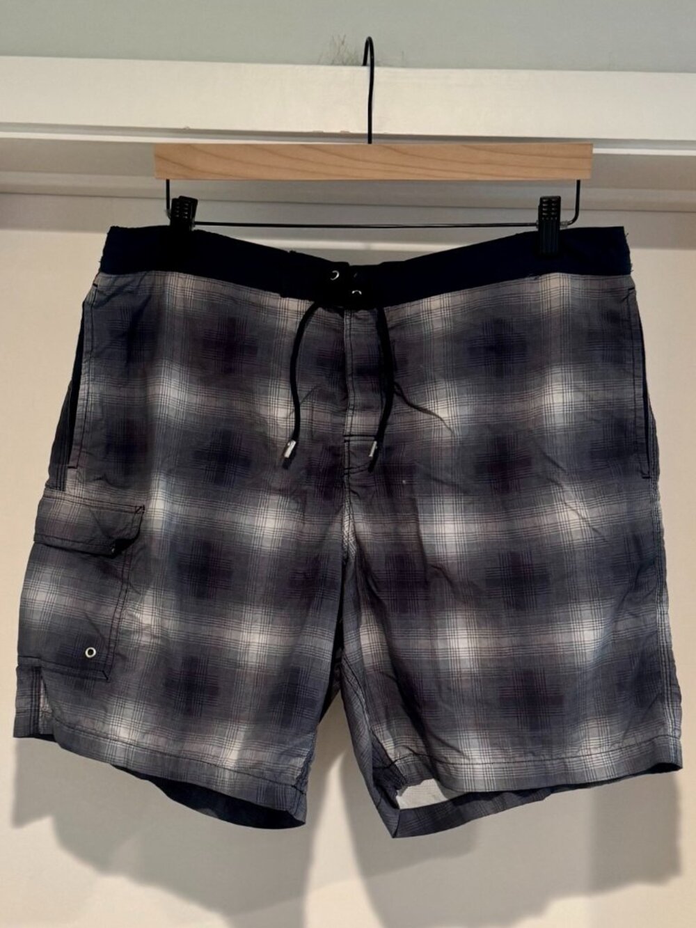 John Varvatos Men's Drawstring Swim Shorts Navy Ombre Plaid Made‎ in Italy – XL